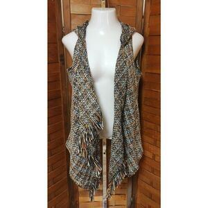 Hyfve Cardigan Sz Large Brown Hooded Pockets Open Front Knit Fringe Autumn Wear